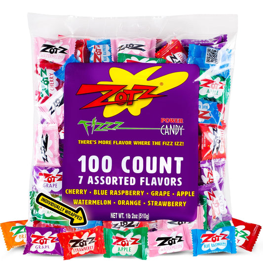 ZOTZ Fizzy Sour Candy Bulk - Retro Italian Hard Candy Individually Wrapped - Classic Nostalgic 7 Assorted Flavors Cherry, Watermelon, Strawberry, Blue Raspberry, Apple, Orange & Grape - 100 Pieces Bag for Party Favors, Goodie Bags, Piñata & Candy Buffet