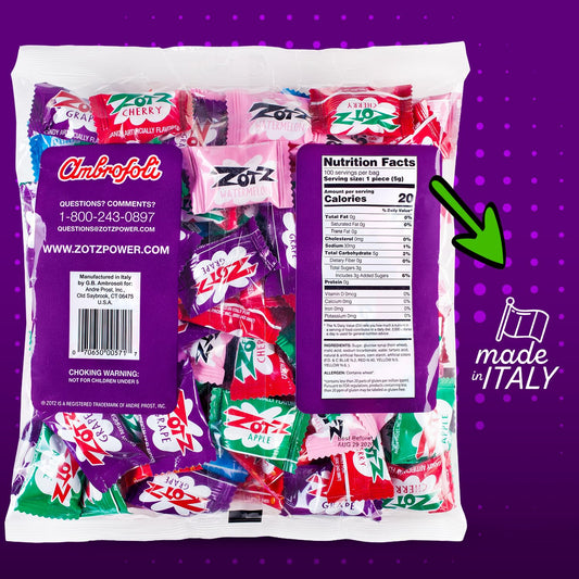 ZOTZ Fizzy Sour Candy Bulk - Retro Italian Hard Candy Individually Wrapped - Classic Nostalgic 7 Assorted Flavors Cherry, Watermelon, Strawberry, Blue Raspberry, Apple, Orange & Grape - 100 Pieces Bag for Party Favors, Goodie Bags, Piñata & Candy Buffet